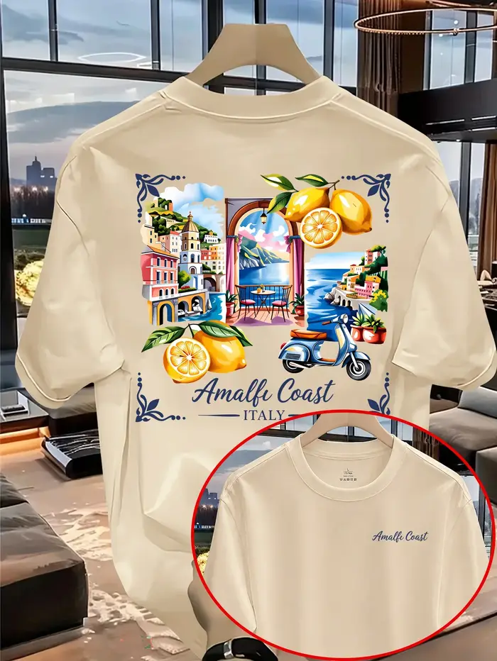 T-shirt pour homme, 100% coton, haut d'été décontracté à manches courtes avec imprimés de voyage méd