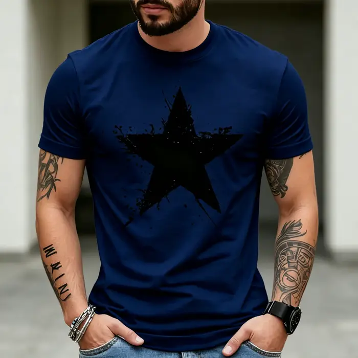 T-shirt pour homme en coton doux, bleu marine uni, col rond, imprimé graphique étoile à effet d'encr