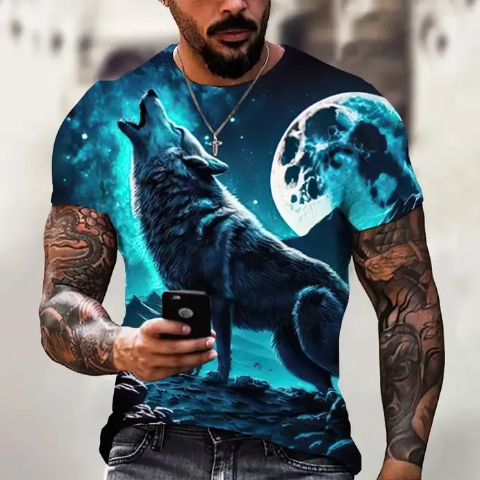 2025 loup T-shirt pour hommes imprimé Animal à manches courtes haut 3D décontracté rue homme T-shirt surdimensionné T-shirt hommes Vintage vêtements