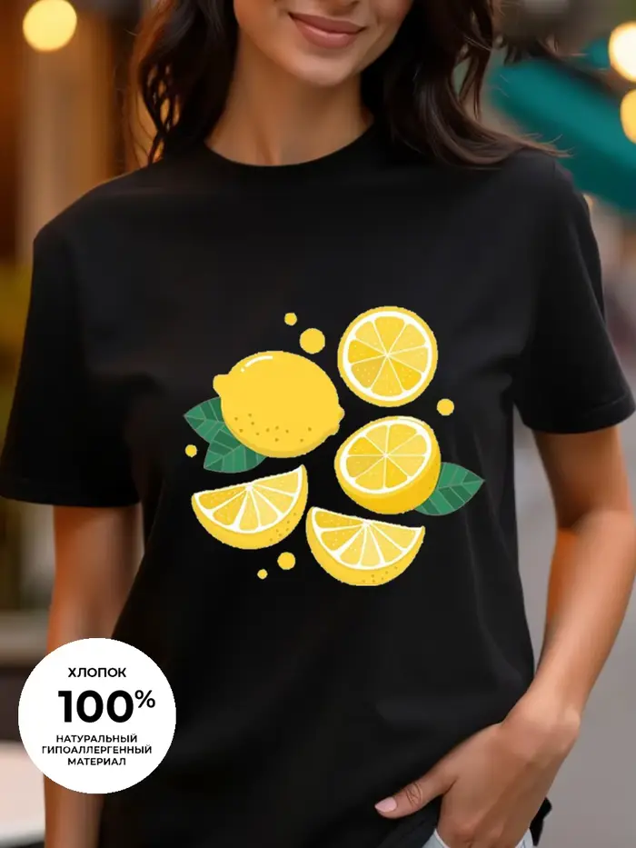 T-shirt femme imprimé fruits frais - Haut décontracté en pur coton à col rond et manches courtes