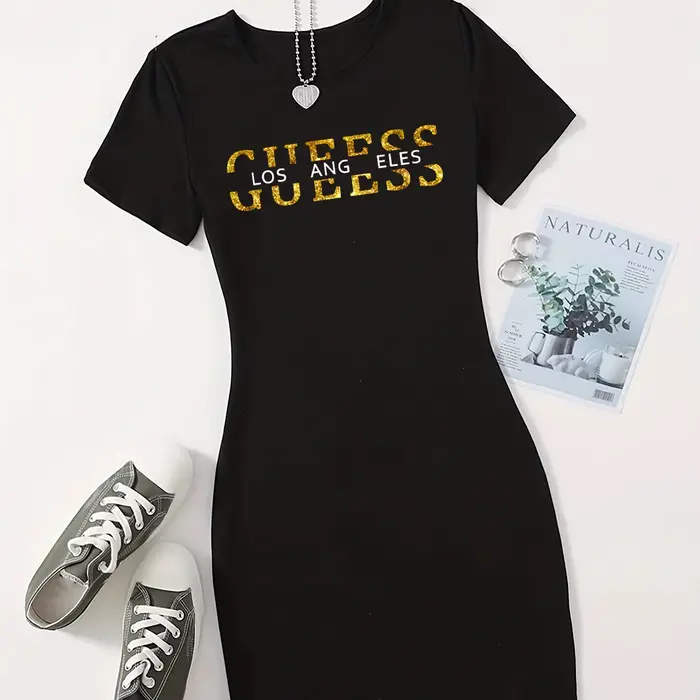 Été dames GUEESS Los Angeles imprimé décontracté Sexy coupe ajustée hanche étreignant à manches courtes col rond T-shirt