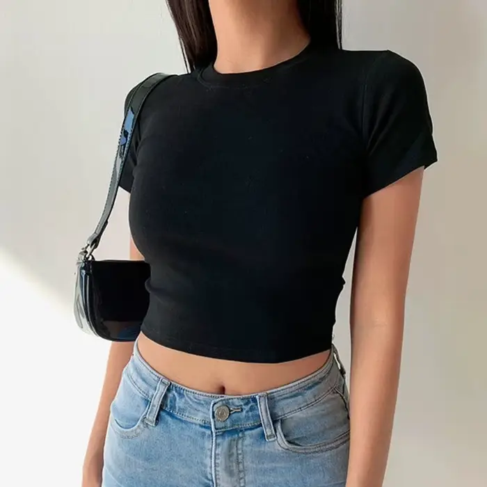 T-Shirt à manches courtes femmes solide Simple décontracté doux tout-Match basique culture hauts t-shirts mode d'été