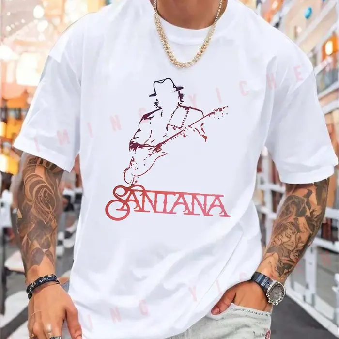 T-shirt pour homme avec impression de silhouette de guitariste Santana, style moto, streetwear hip-hop, unisexe, décontracté, tendance, manches courtes
