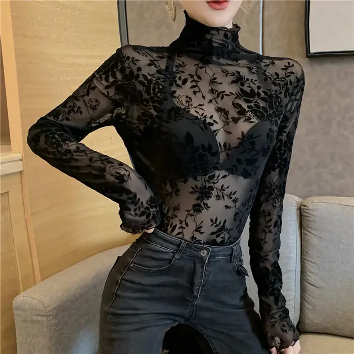 Taille M-XXXL Transparent flocage maille T-shirt femmes col roulé mince à manches longues t-shirts filles élastiques