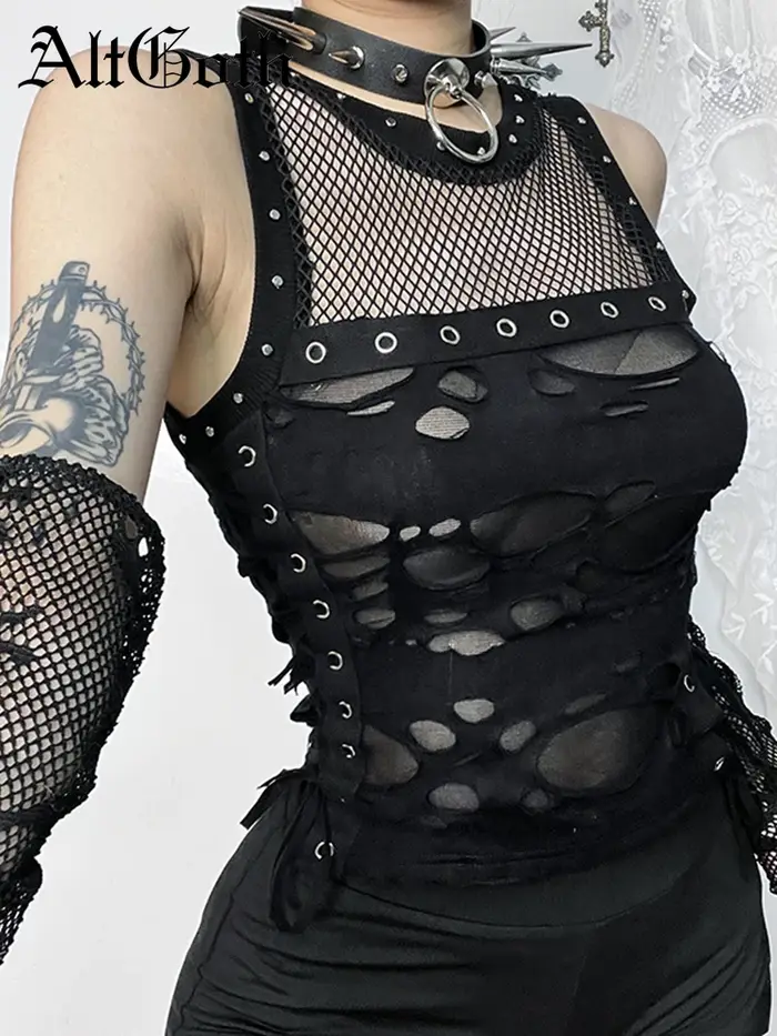 Centre commercial gothique gilet femmes Sexy trou voir à travers à lacets culture débardeurs Streetwear Cyber Punk