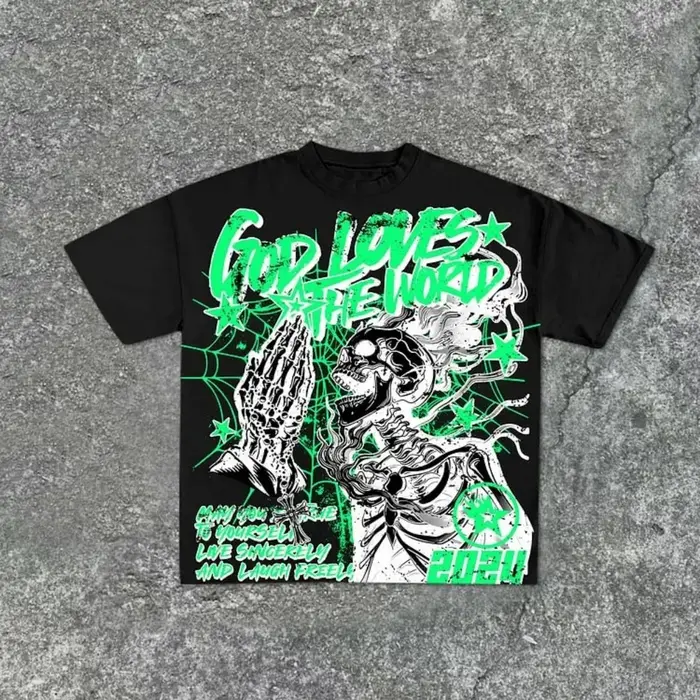 T-shirt col rond pour hommes, imprimé graffiti de crâne personnalisé, confortable et respirant, haut