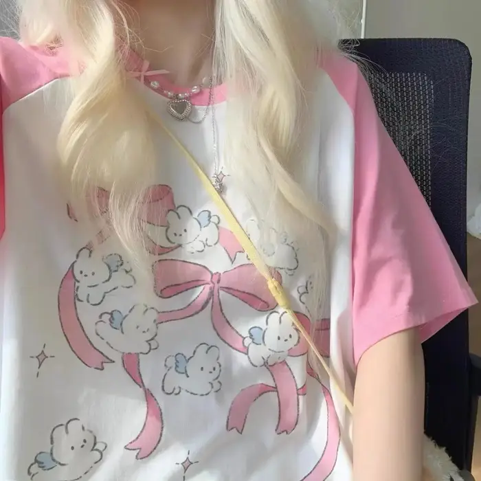 Kawaii rose t-shirts femmes japonais Y2k Style doux fille dessin animé
