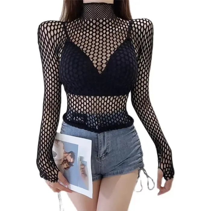 Femmes Sexy maille à manches longues résille hauts amusant mode Slim Fit