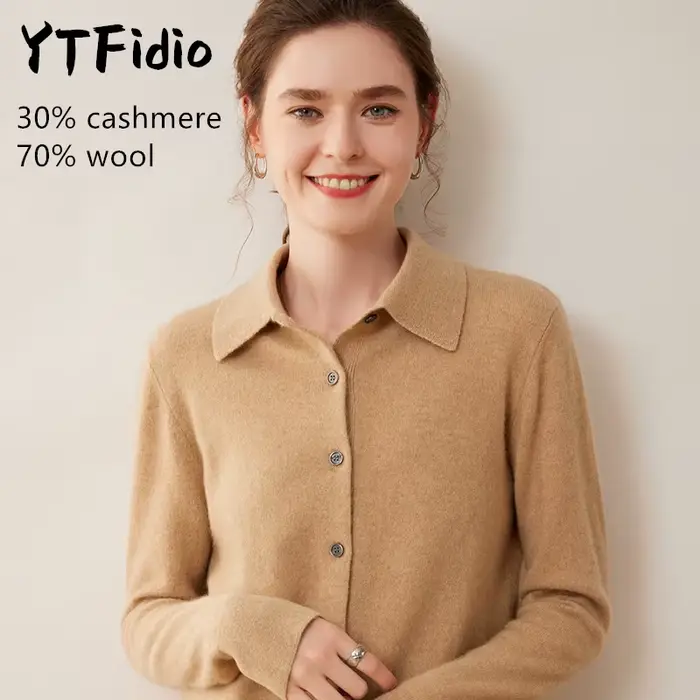 YTFidio cachemire laine mérinos pull femmes col POL à manches longues haut de luxe vêtements de créa