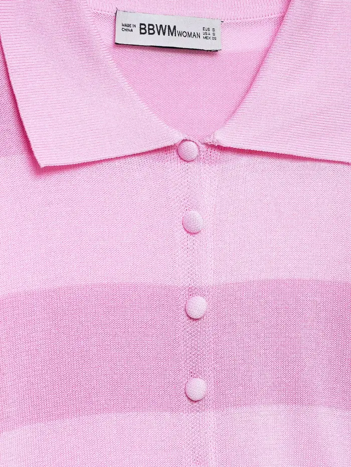 Polo d'été pour femme avec col en tricot rayé rose