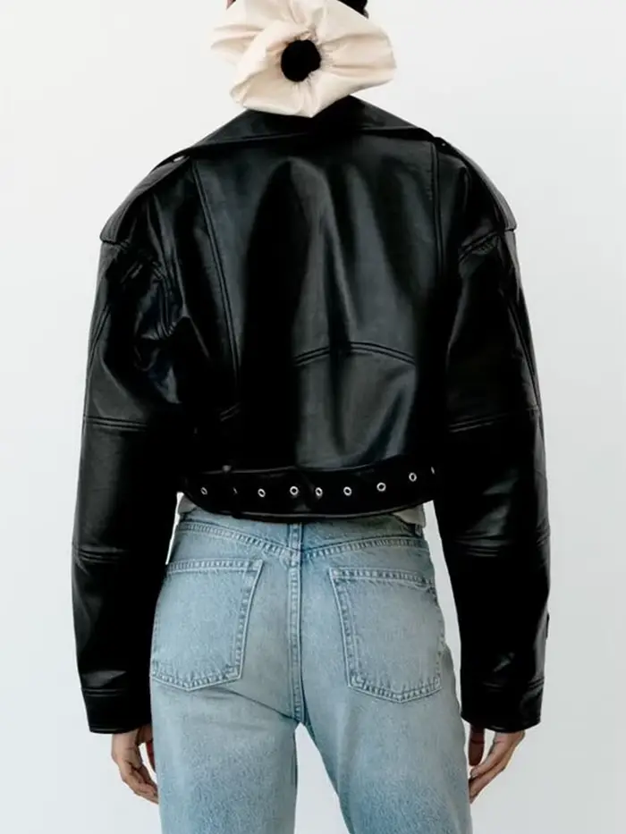 Ailegogo printemps automne femmes Faux cuir Pu veste courte avec ceinture moto motard femme fermetur