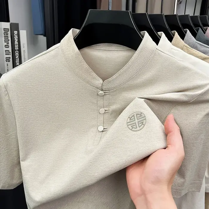 T-shirt décontracté pour homme à col mandarin et manches courtes