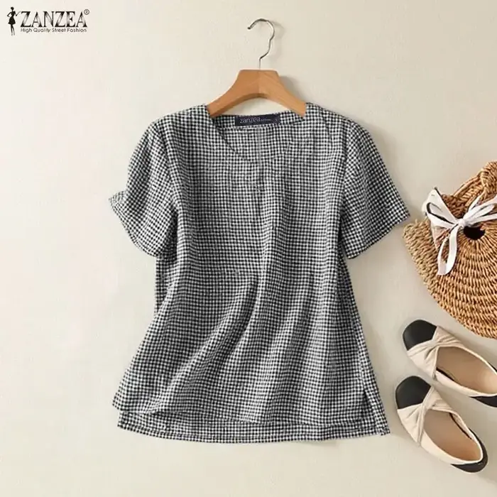 Chemisier à carreaux à manches courtes pour femme ZANZEA