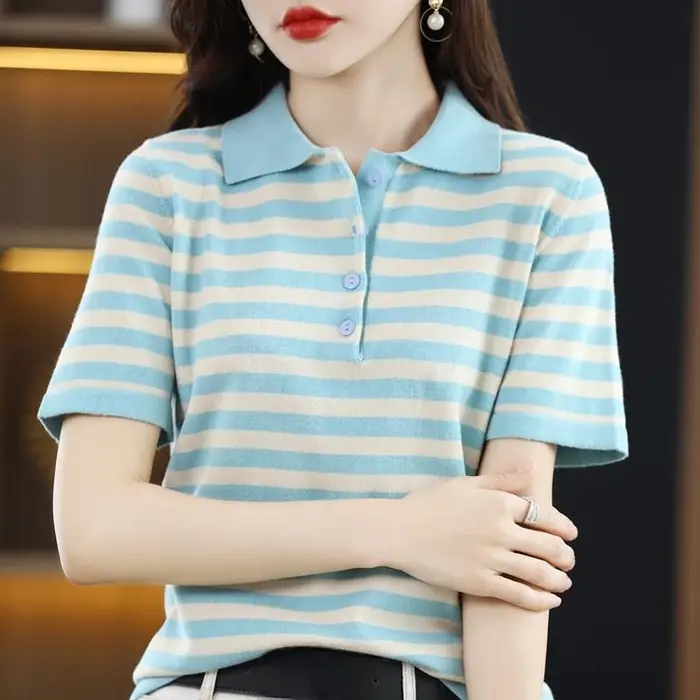 T-shirt femme rayé hauts bouton à manches courtes