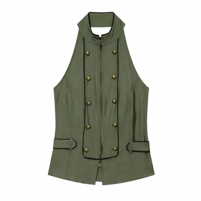 Nouveau débardeur élégant pour femme, col licou, sans manches, col montant, chic, boutonné, coupe aj