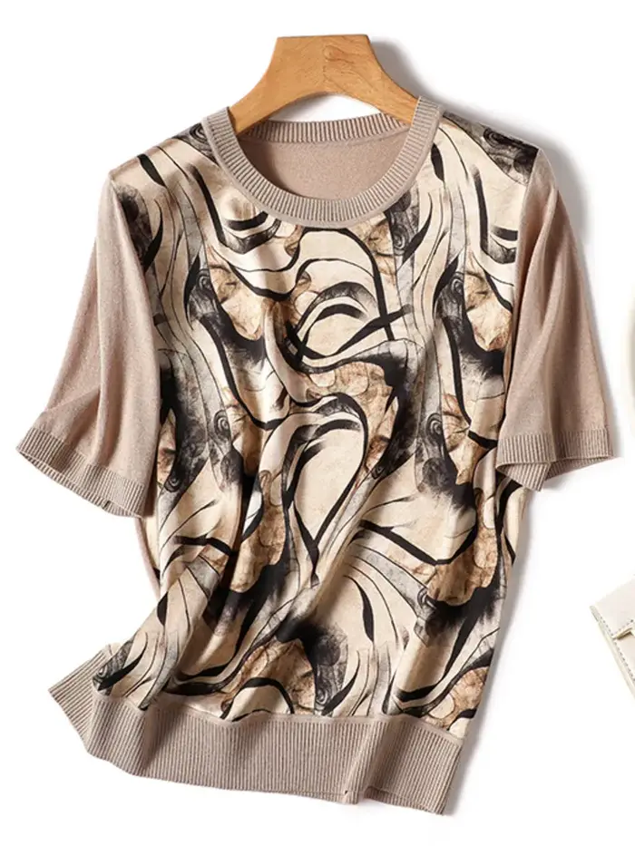 T-shirt à manches courtes et col rond pour femme, haut vintage, imprimé patchwork, tout à la mode, h