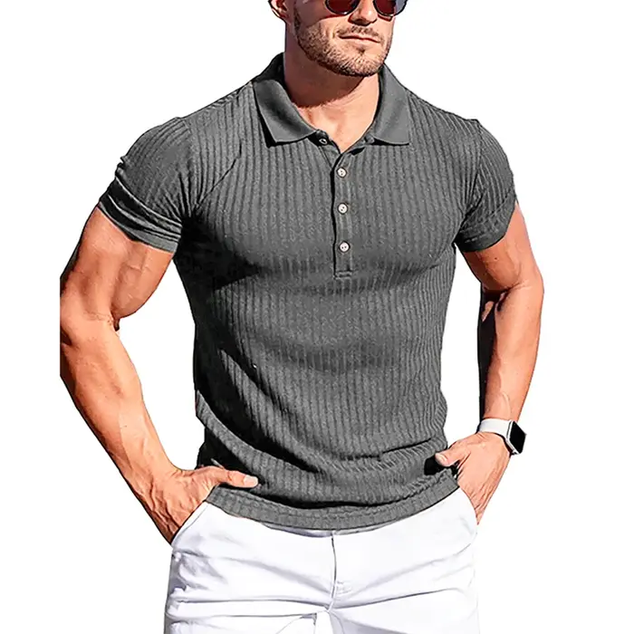 Polo à manches courtes pour hommes, chemises à col montant, rayures solides, fitness, élasticité, mo