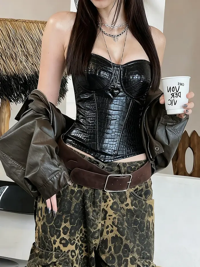 Kliou PU En Cuir Débardeurs Femme Sexy Poitrine Wrap Off Épaule Dos Nu Forme Taille Regarder Minceur Chaude Filles Rue Mode Gilet