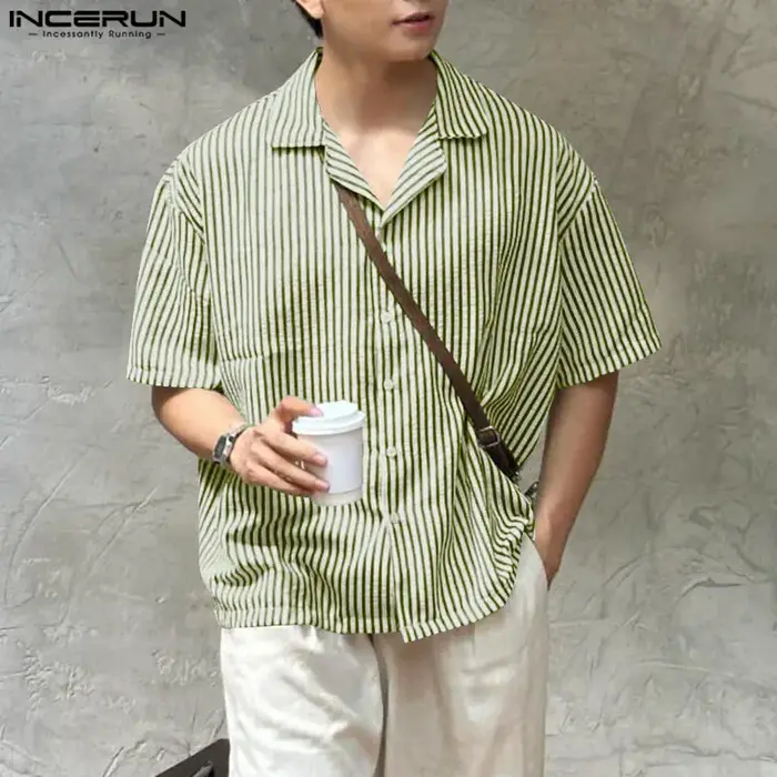 Chemise à rayures mode été hauts à manches courtes INCERUN hommes chemises décontracté Streetwear revers surdimensionné