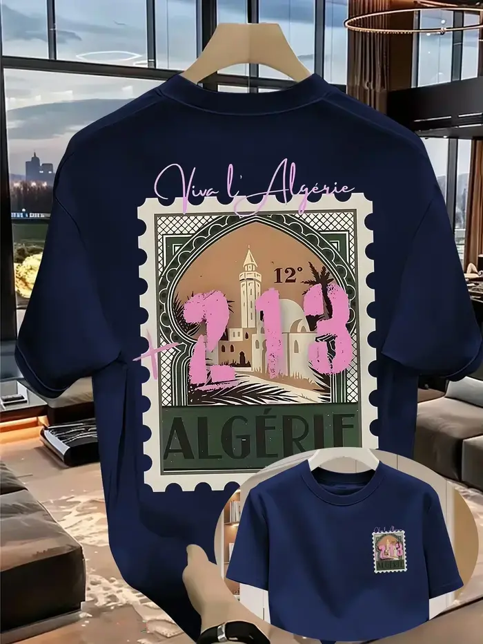 T-shirt Homme Fierté Algérienne 100% Coton avec Motif Estampé « ALGERIE +213 » Respirant pour l'Été et les Voyages