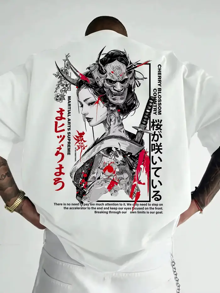 T-shirt pour homme en coton 100% doux de qualité supérieure avec imprimé Geisha Samurai japonais