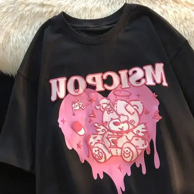 Kawaii femmes T-Shirt coréen rose amour ours imprimé à manches courtes