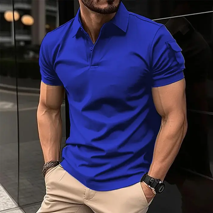 Polo à manches courtes pour homme avec poches sur les bras, coupe ajustée, couleur unie, boutonné, h