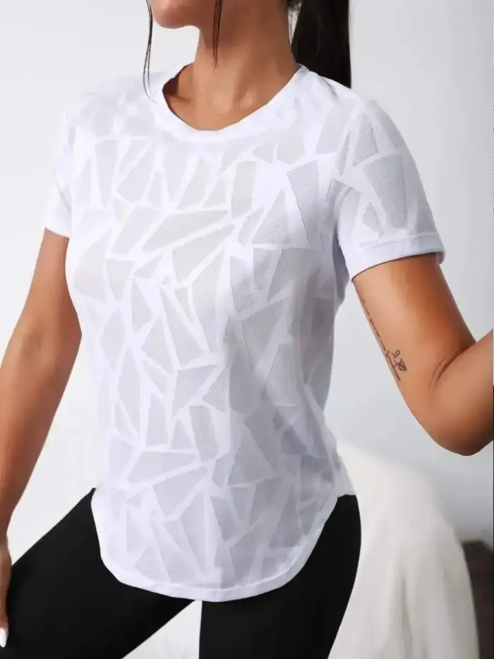 T-shirt chic à imprimé géométrique pour femme – Ourlet incurvé flatteur
