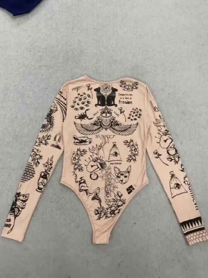 Body à manches longues imprimé tatouage nude pour femme, coupe ajustée Y2K