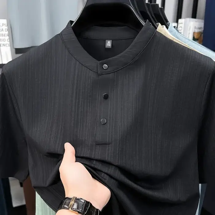 T-shirt Henley en lin texturé pour homme avec col mandarin