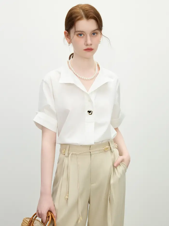 FSLE 2025 été blanc français à manches courtes chemise surdimensionné Design bureau à la rue lin mélangé Chic haut décontracté ample 25FS12138