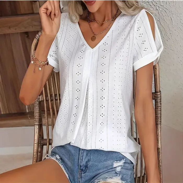Nouveau 2025 femmes t-shirt été mode Blouses hauts grande taille décontracté couleurs unies évider c