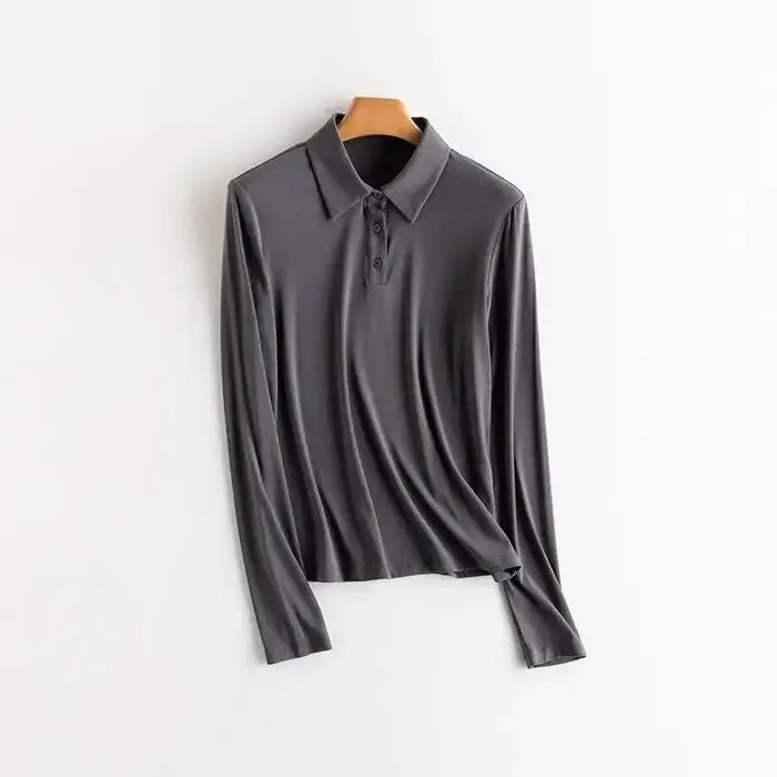 T-shirt Polo à manches longues pour femmes, 80% soie, sans repassage, Slim, doux, haute élasticité, 