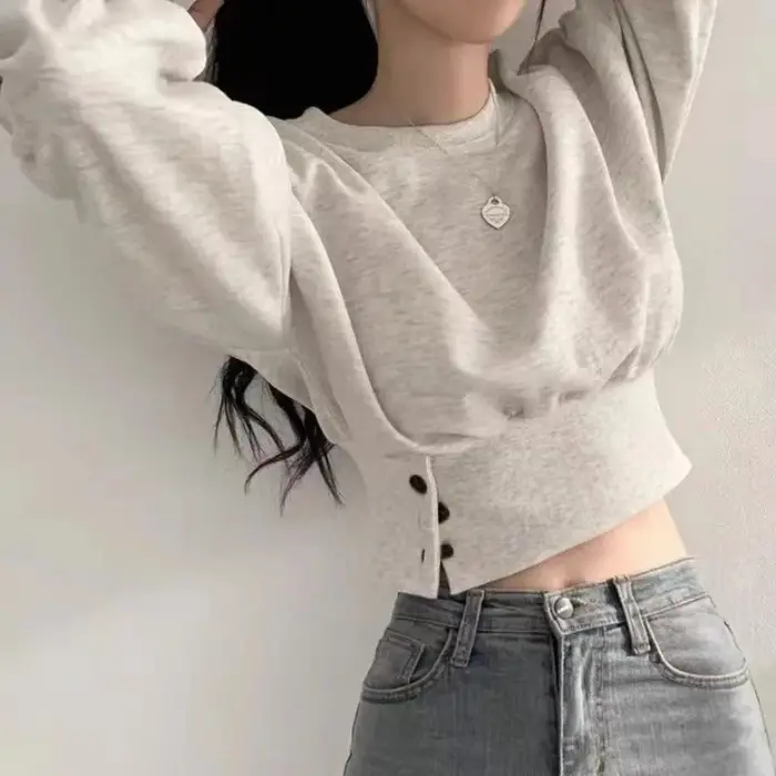 Haut court à col rond pour femme, couleur unie, manches lanternes, avec boutons, pull sportif Hip-Ho