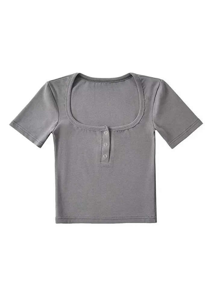 T-shirt court à manches courtes pour femmes, avec boutons sur le devant