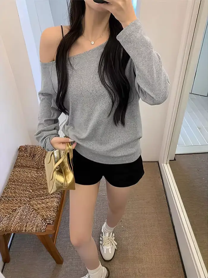 Hors de l'épaule à manches longues t-shirt femmes printemps automne lâche Sexy une épaule haut dame décontracté basique t-shirts école Preppy Blouse