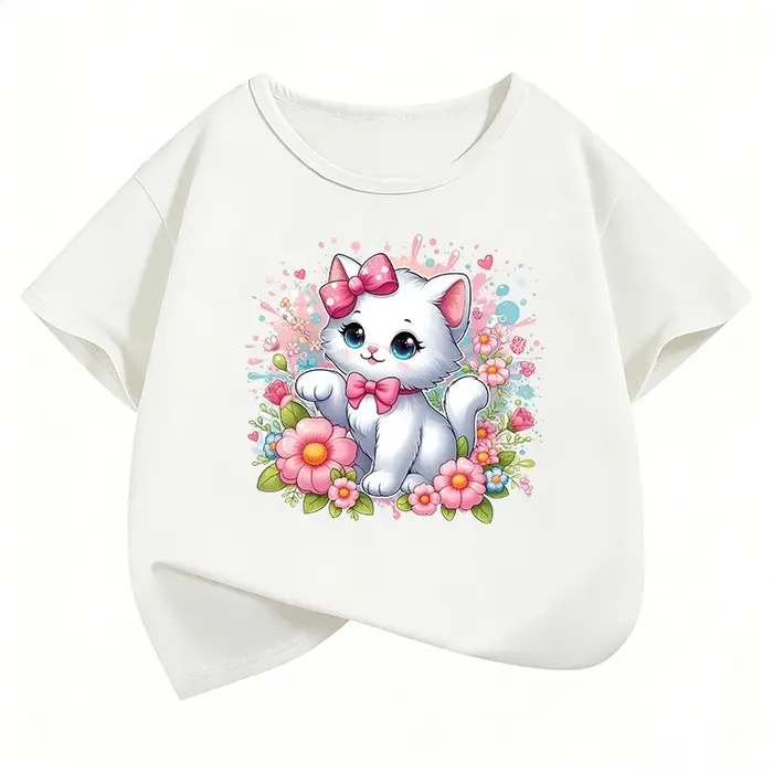 T-shirt imprimé chat avec nœud Kawaii