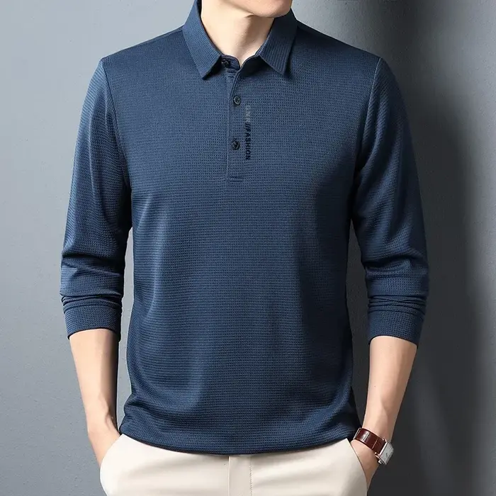 POLO gaufré à manches longues pour hommes avec lettre imprimée revers haut décontracté