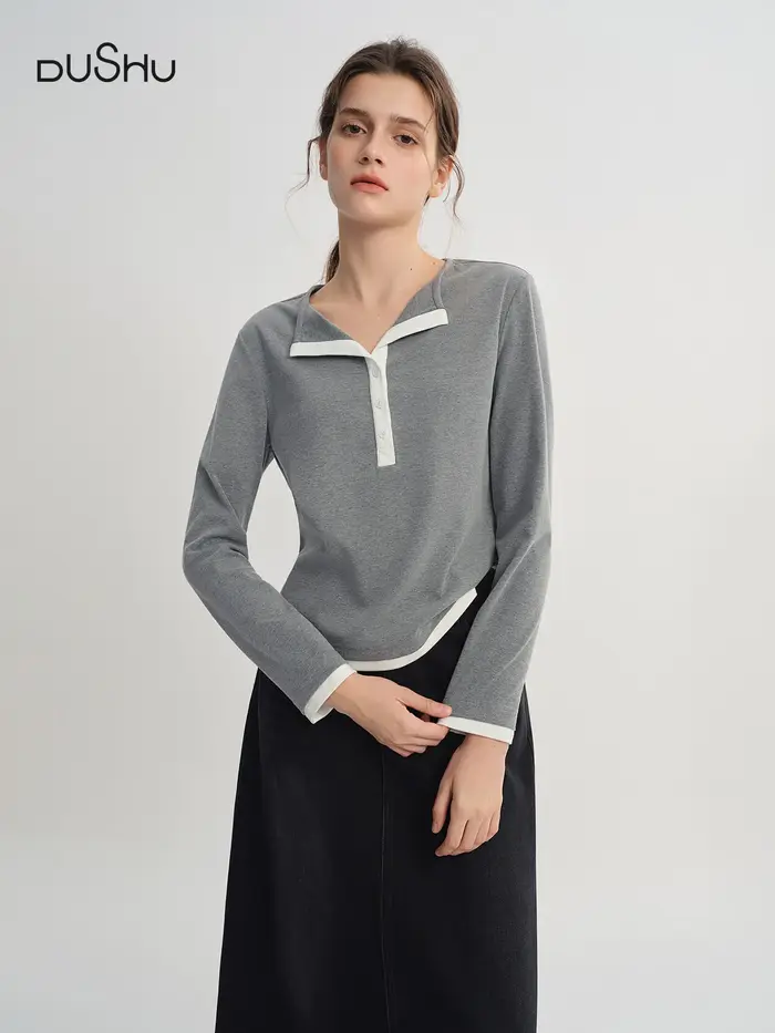 DUSHU automne 2025 T-Shirt à manches longues pour femmes-haut à col Henley à blocs de couleurs contr