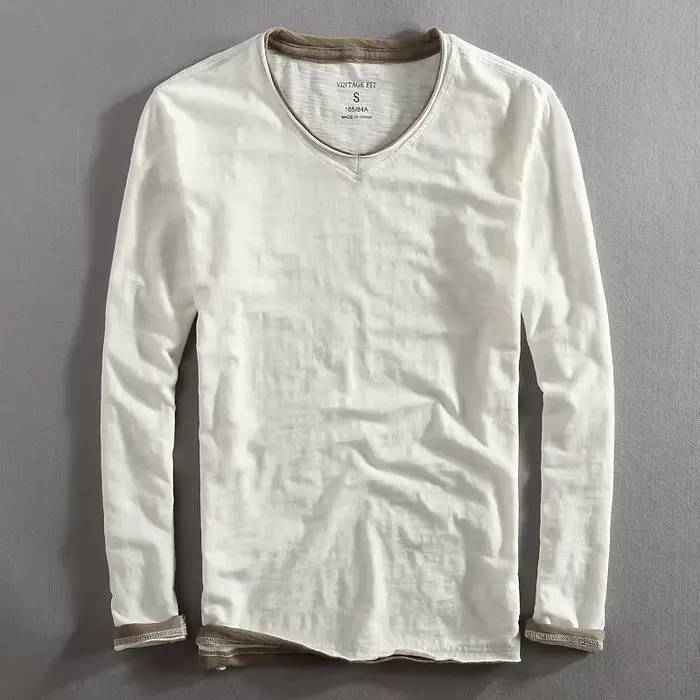 Hommes à manches longues T-shirt coton col en v solide décontracté hauts t-shirts