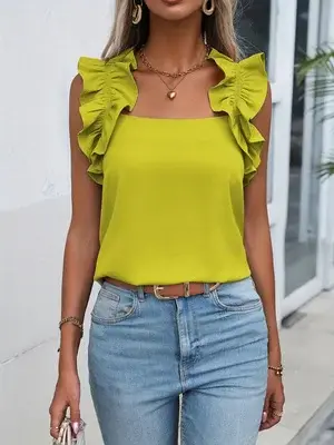 Débardeur à volants vert citron pour femme, col carré, sans manches, ourlet incurvé, tenue décontractée d'été