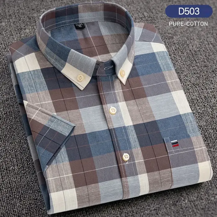 Chemises décontractées d'été pour hommes Oxford manches courtes col carré solide Plaid rayé poche unique chemise en coton confortable