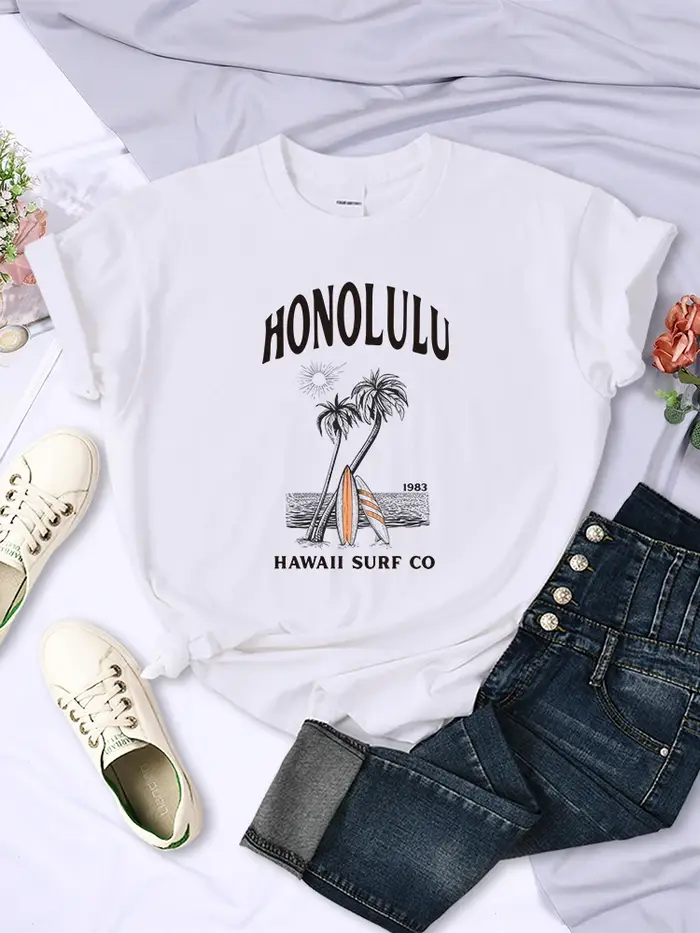 Honolulu-T-shirt manches courtes pour femme, estival et respirant, à la mode, avec imprimé hawaïen,