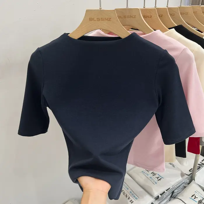 Zjaiss T-shirt d'été pour femme, col montant abricot, manches courtes, collection Printemps 2026, ha