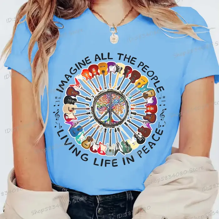 Imaginez toutes les gens vivre la vie dans la paix impression T-shirt femmes drôle guitare Beatles chanson lyrique