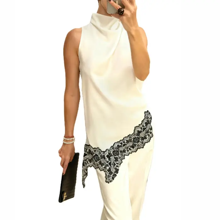 Xingqing y2k débardeurs femmes élégantes vêtements couleur unie col haut sans manches asymétrique dentelle ourlet t-shirts mode Clubwear