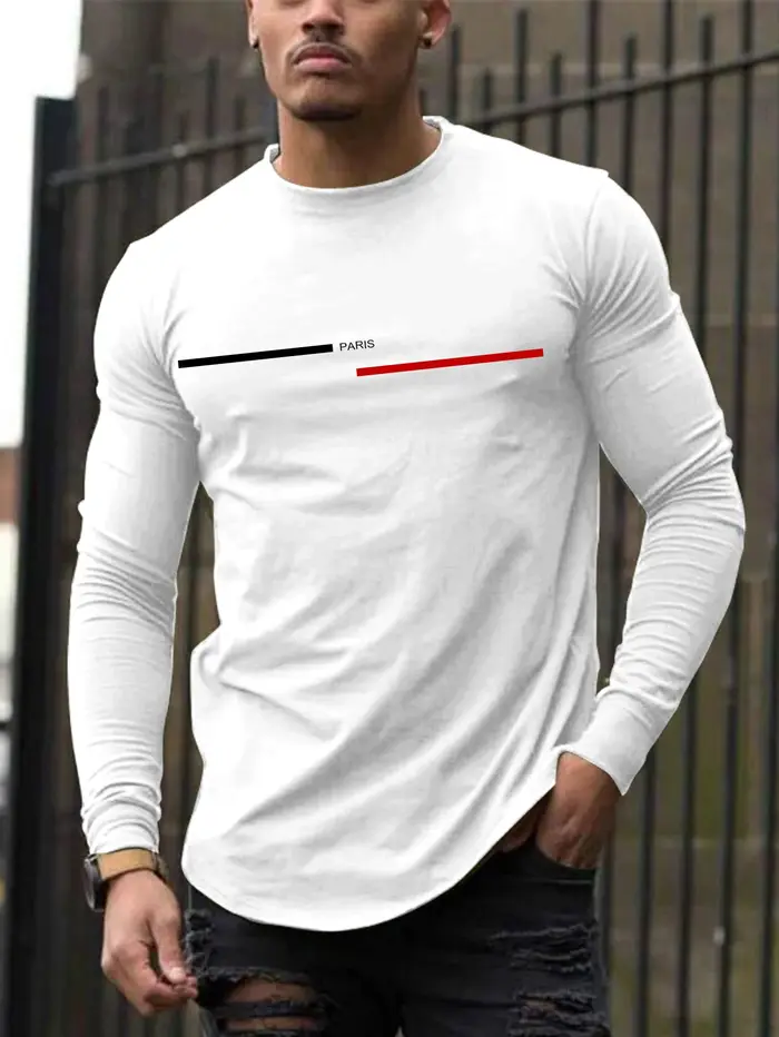 T-shirt à manches longues pour hommes, tendance, col rond imprimé, tendance, polyvalent, décontracté