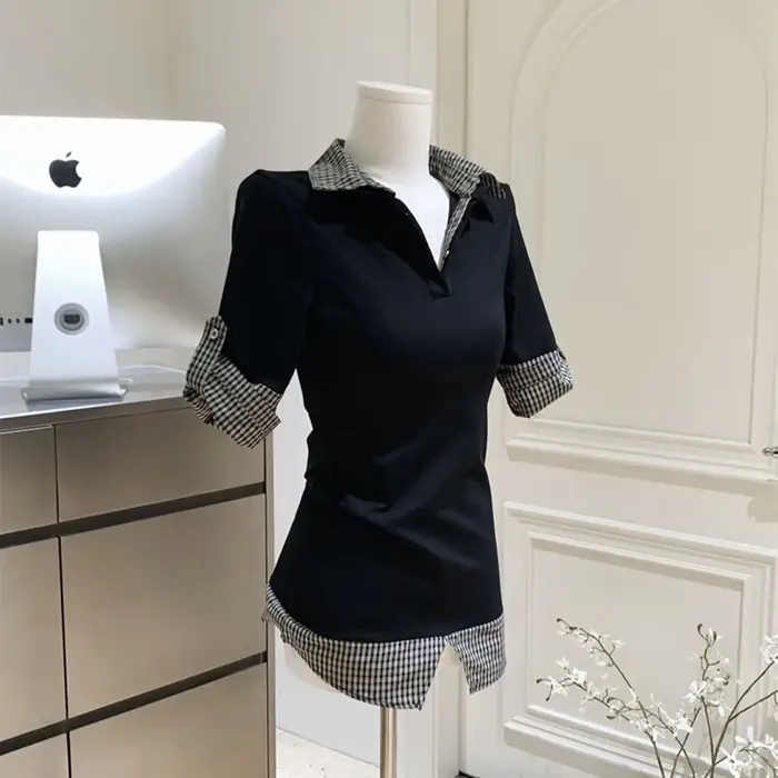 T-shirt coréen Onalippa 2026 nouveau style décontracté à carreaux et patchwork