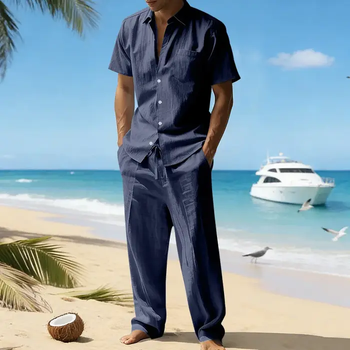 Ensemble chemise à manches courtes en lin et pantalon décontracté pour homme