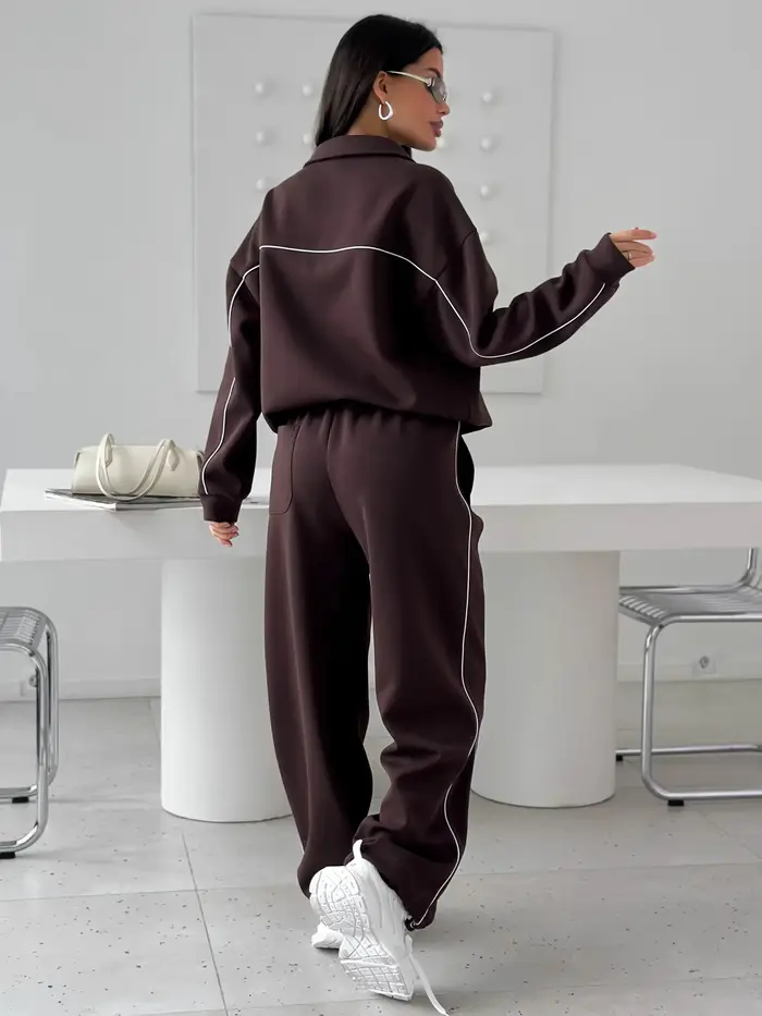 Ensemble de survêtement 2 pièces pour femme automne 2026 : haut polo à manches longues et pantalon large avec bande latérale – Tenue décontractée et sportive